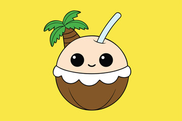 Playful cartoon coconut ice cream with tropical elements