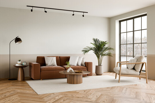 Modern Living Room with Cozy Furnishings, a blend of natural elements, featuring a stylish sofa, sleek decor, and abundant natural light. 3d render.