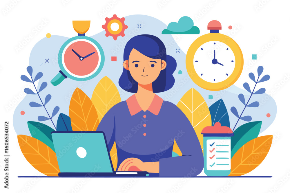 Poster woman managing time effectively while working on a laptop in a colorful and modern office setting wi