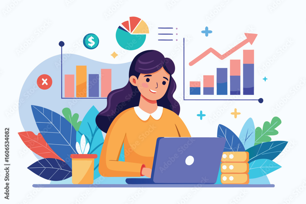 Poster business professional analyzing financial growth data on a laptop with colorful charts and graphs in