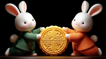 Two cute cartoon bunnies holding a large mooncake with Chinese characters, symbolizing Mid-Autumn Festival celebration.