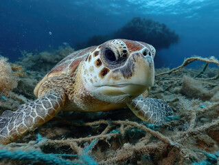 Sea turtle entangled in ocean debris and fishing nets underwater, highlighting marine pollution and the threat to marine life.