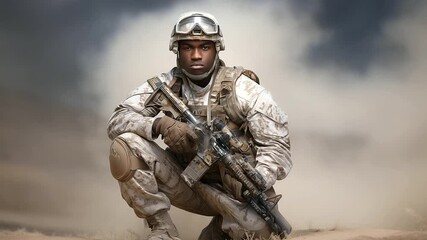 Ukrainian soldier, digital camo uniform, AK-74 rifle, winter field, tactical vest, helmet with insignia, gloves, military backpack - Powered by Adobe