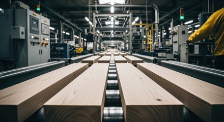 Fototapeta premium Industrial wood processing facility. Conveyor belt carries wooden beams