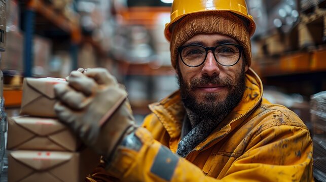 Smiling worker in hardhat, gloves holds boxes in warehouse; warm clothing