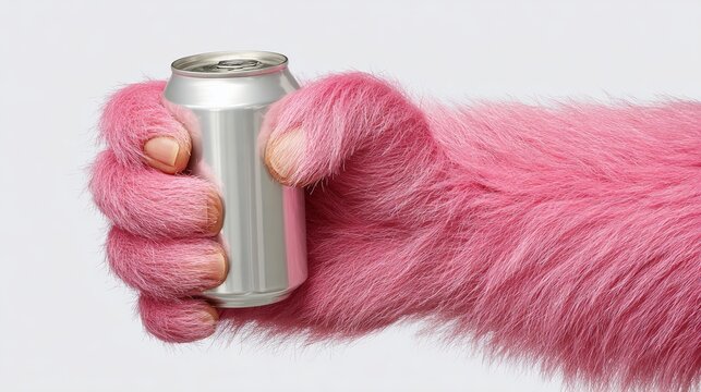 Pink fuzzy animal is holding a can of soda. The animal's hand is pink and fuzzy, and the soda can is silver. The image has a playful and whimsical mood - Powered by Adobe