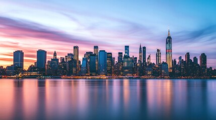 Obraz premium City skyline at sunrise over water