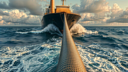 Ship being towed. A powerful tugboat pulls a large vessel with a thick rope across the open sea.