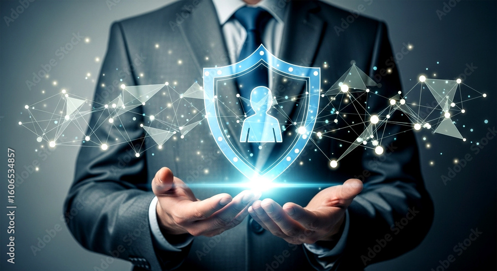 Poster man in suit holding a shield with person icon surrounded by digital network and glowing light effect