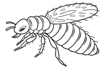 Detailed Line Art Depiction of a Termite with Wings and Segmented Body, Creating a Striking Black and White Composition