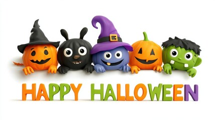 Obraz premium Colorful cartoon Halloween characters with pumpkins and monsters above 