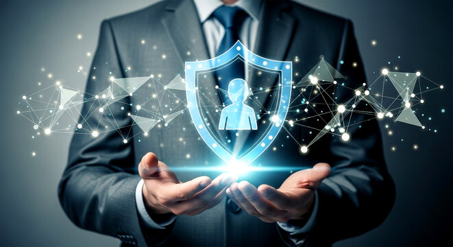 Man in suit holding a shield with person icon surrounded by digital network and glowing light effect - Powered by Adobe