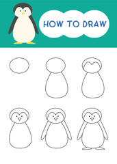 How to draw little penguin cartoon step by step for learning, drawing, education and kindergarten