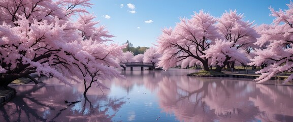 Cherry blossoms in full bloom forming a pink sea around a small wooden bridge, leading toward a tranquil lake with reflections of a bright blue sky.