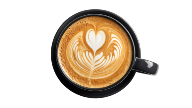 A top down view of a Black  cup filled with Cappuccino coffee, featuring a heart shape isolated on a transparent background