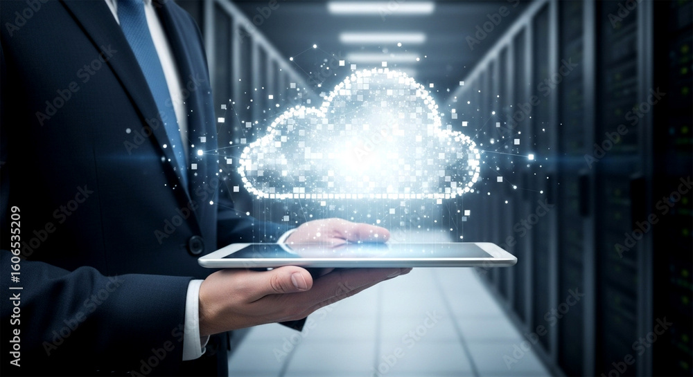 Poster man in suit holding tablet with glowing cloud in data center for cloud computing technology concept