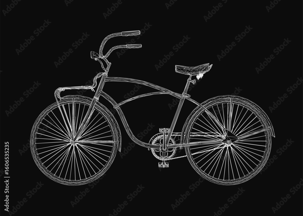 Poster a retro bicycle drawn in wireframe style stands out against a black background. the intricate lines 