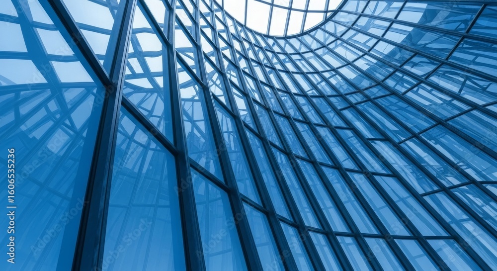 Poster modern architectural design featuring a glass structure with intricate geometric patterns under a cl