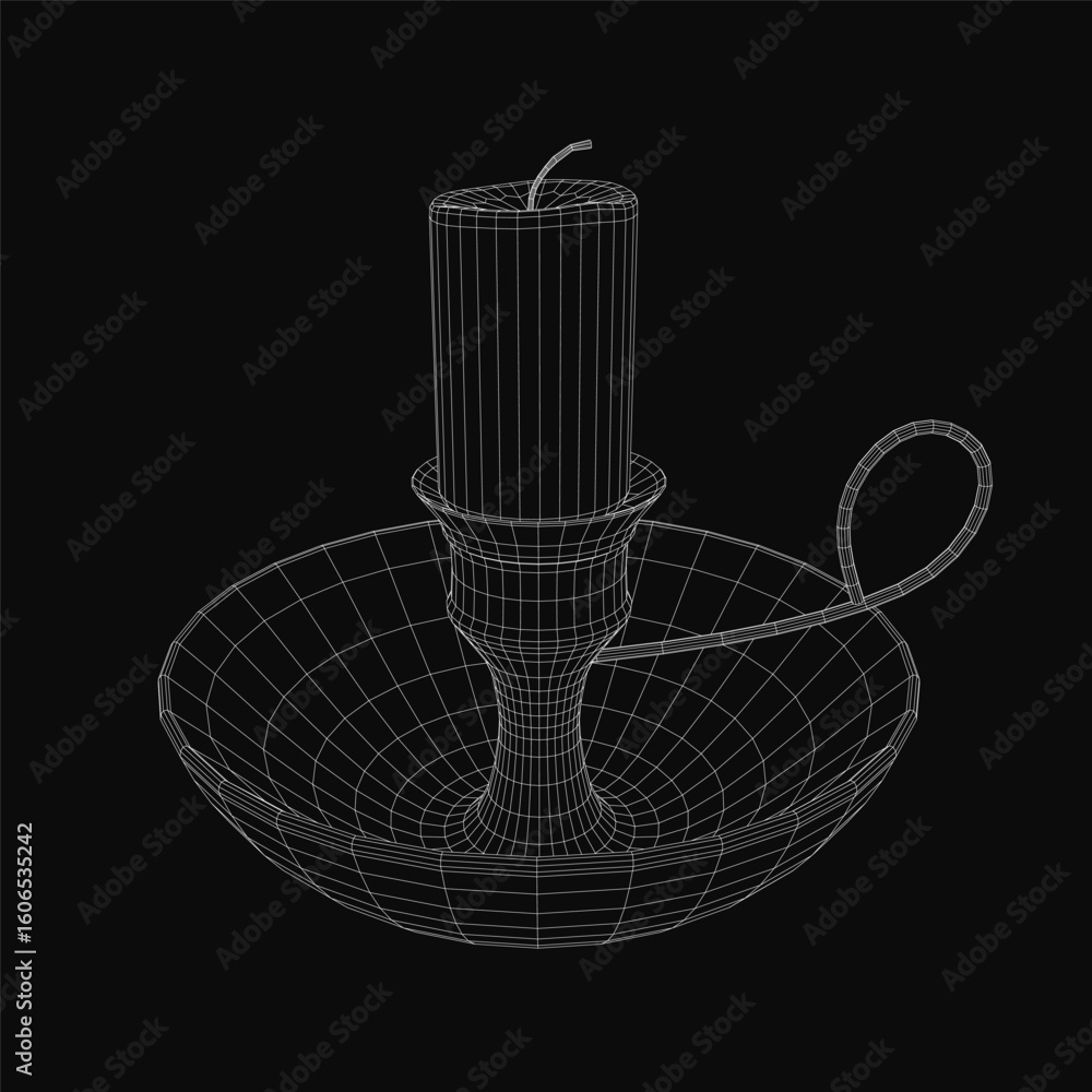Aufkleber a 3d wireframe model of a cylindrical candlestick with an intricate handle design, displayed on a sl