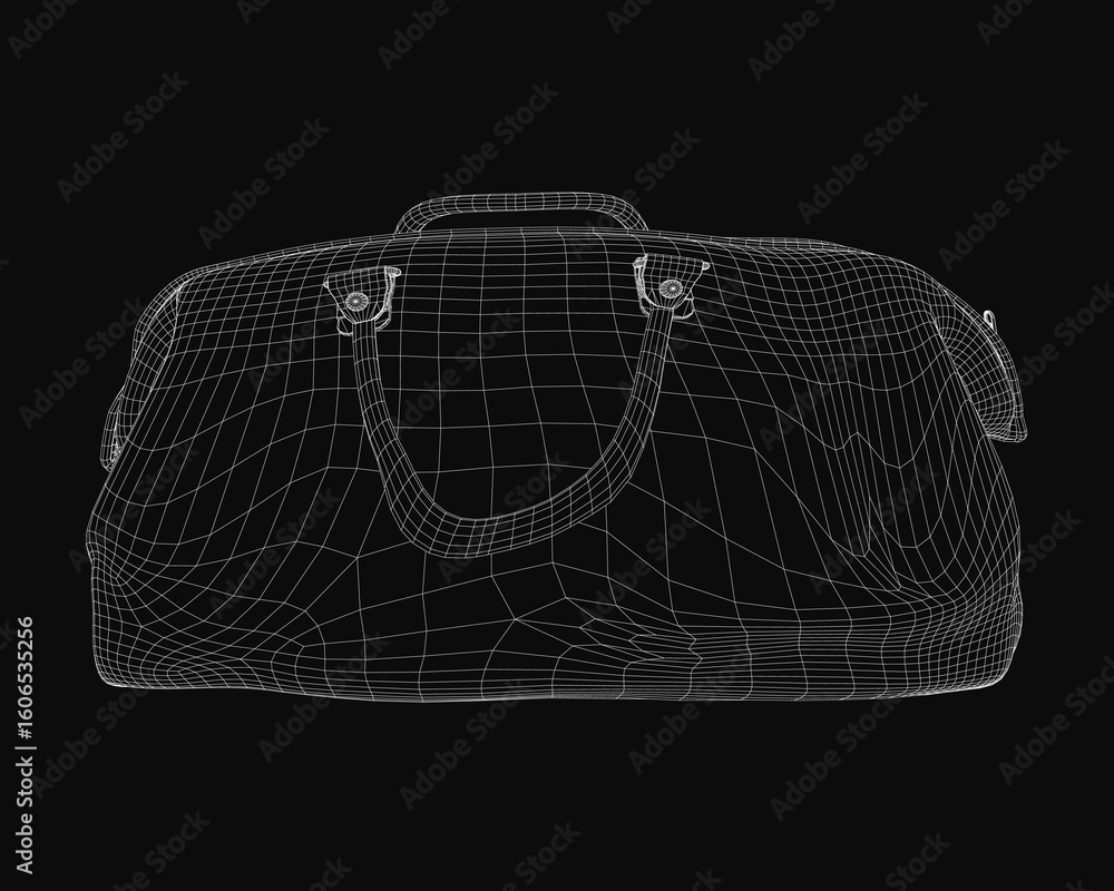 Poster a 3d wireframe model of a duffel bag displayed on a sleek black background. the detailed mesh struct