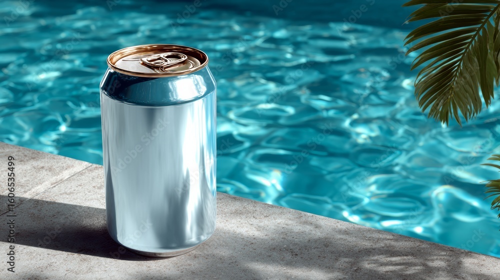 Aufkleber can of soda is sitting on a ledge next to a pool. the can is open and the pool is blue