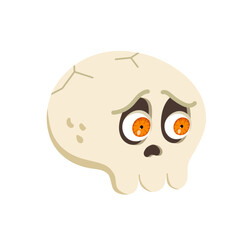Funny cartoon Halloween scared skull with green eyes. Vector sad human skull isolated on white background. Clipart for decoration, design element, sticker.
