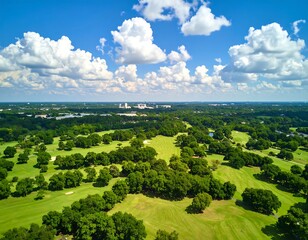 Obraz premium Aerial view of a golf course with city skyline