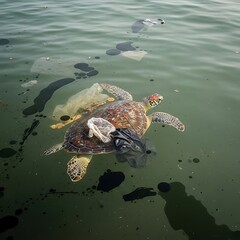 Sea turtle entangled in plastic waste.