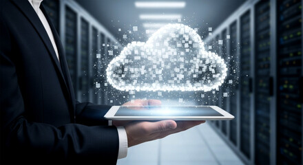 A man in a suit holds a tablet with a digital cloud hovering above it in a server room setting
