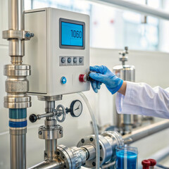 Operating industrial machinery. A technician in a lab coat and gloves operates a control panel on industrial machinery with steel pipes.