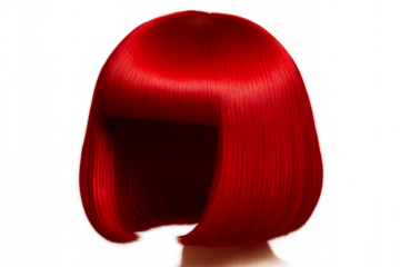 Vibrant Cherry Red Wig with Smooth and Sleek Texture, Stunning Close Up of a Bold Fashionable Haircut, Beauty Salon Hair Cutting Background