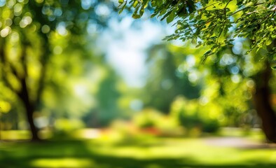 Fototapeta premium Lush green park, blurred background, sunlit foliage