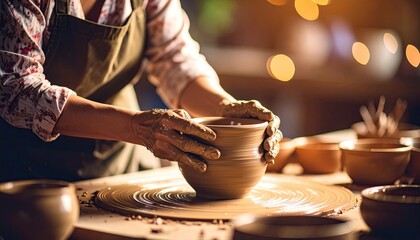 Woman shaping clay pot on pottery wheel