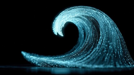 Abstract digital wave composed of glowing blue particles on a black background, resembling a futuristic ocean wave.
