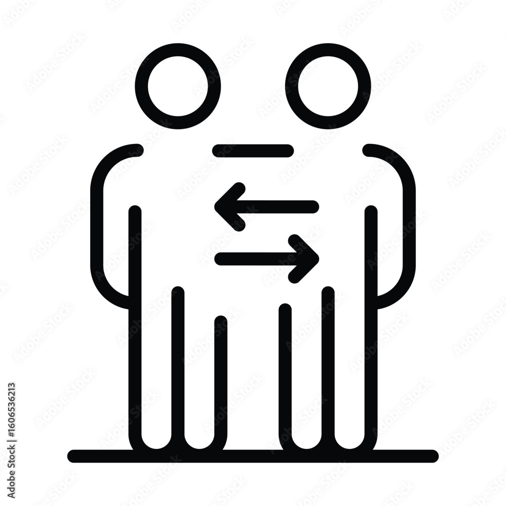 Poster two stylized figures with arrows representing exchange and communication