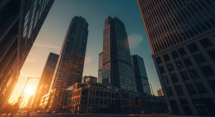 Low-angle view of modern skyscrapers at sunset