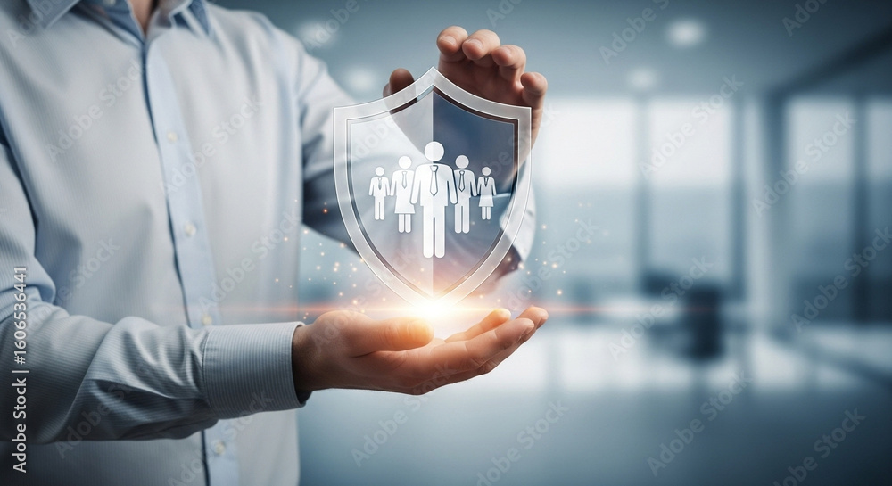 Poster man holding a shield with a group of people inside representing protection and security in business