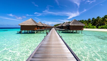 Overwater bungalows and boardwalk in Maldives.