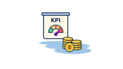 KPI icon animation with performance gauge and coins, seamless looping icon for business metrics, financial goals, and productivity tracking visuals