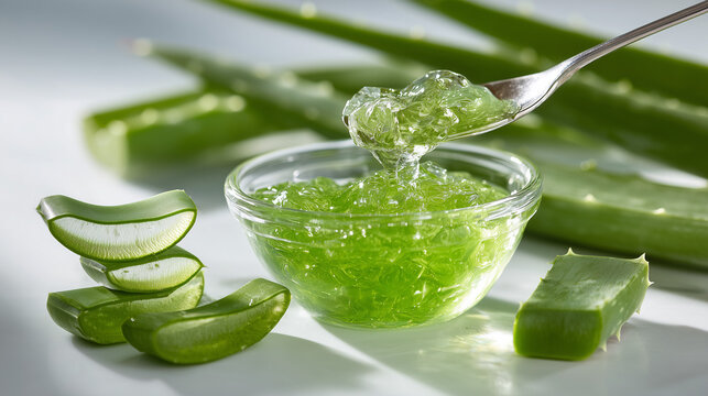 Aloe Vera in Close-Up: A close-up captures the natural goodness of aloe vera, showcasing fresh leaves and clear gel, highlighting its beauty and beneficial properties. - Powered by Adobe