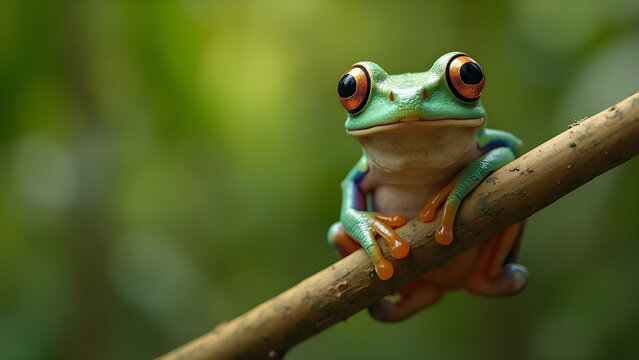 Tree frog on bamboo. Ultra realistic nature photography. Green tree frog perched on branch. Close-up of frog in natural habitat.