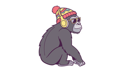 Cool chimpanzee wearing a beanie and headphones listening to music