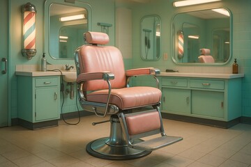 Vintage Retro Futuristic Barber Chair with Pink Leather and Chrome Finish in Classic Barber Shop Setting, Beauty Salon Hair Cutting Background