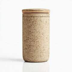 Light beige cylindrical container with wooden lid