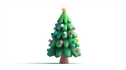 Colorful clay Christmas tree with ornaments and a star on top, isolated on a white background, symbolizing festive holiday decoration.