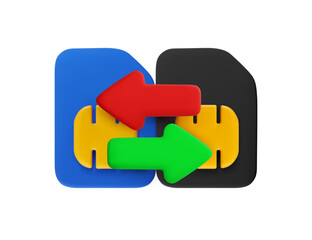 Vector cartoon 3d Change SIM cards icon. Minimal realistic 3d render of blue and black SIM card with transfer arrows. Transferring phone number symbol, switch between two SIM card slots concept.