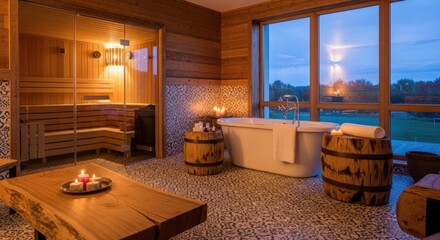 Luxurious spa room with sauna and tub.  Tranquil, natural light, and wood finishes create a relaxing atmosphere
