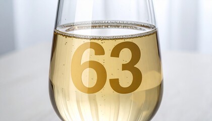 Glass of sparkling champagne with number 63 for 63rd anniversary or birthday party