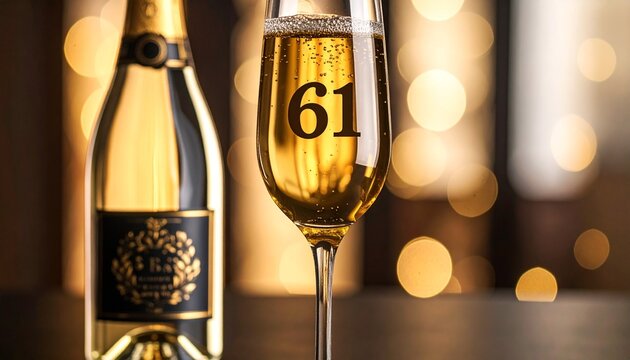 Glass of sparkling champagne with number 61 for 61st anniversary or birthday party
