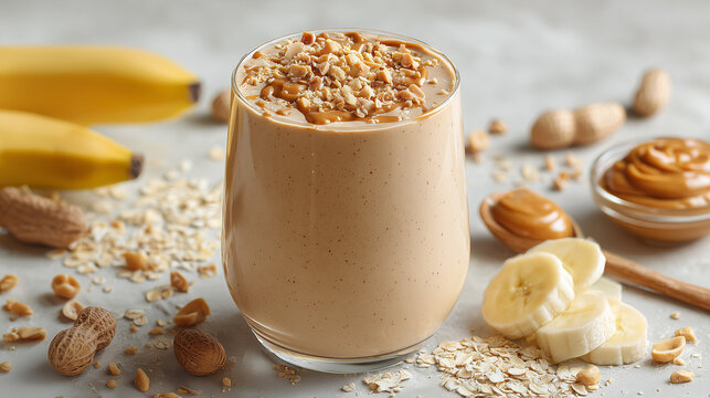 Healthy Peanut Butter Smoothie: An inviting glass of a creamy peanut butter smoothie is adorned with chopped peanuts, accompanied by fresh banana slices, oats, and creamy peanut butter. A delightful. - Powered by Adobe